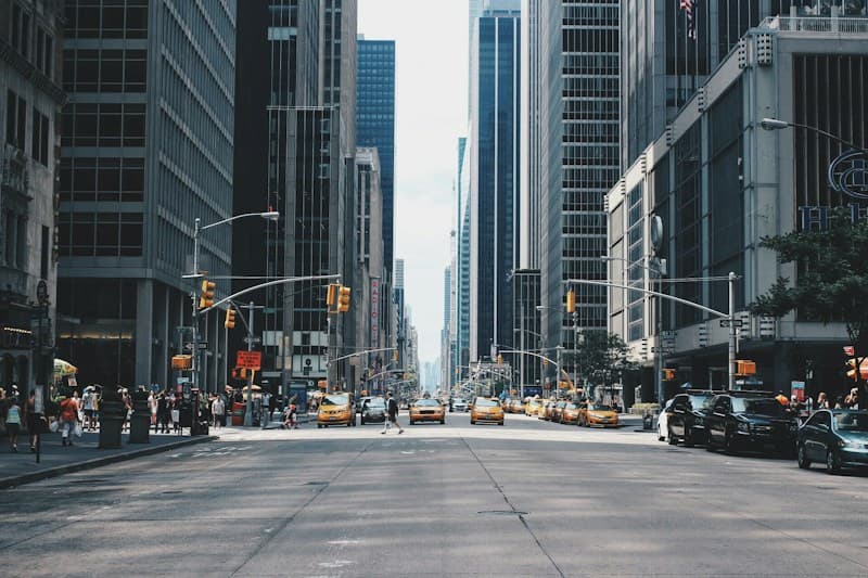 A tree-lined city street leading toward the skyline